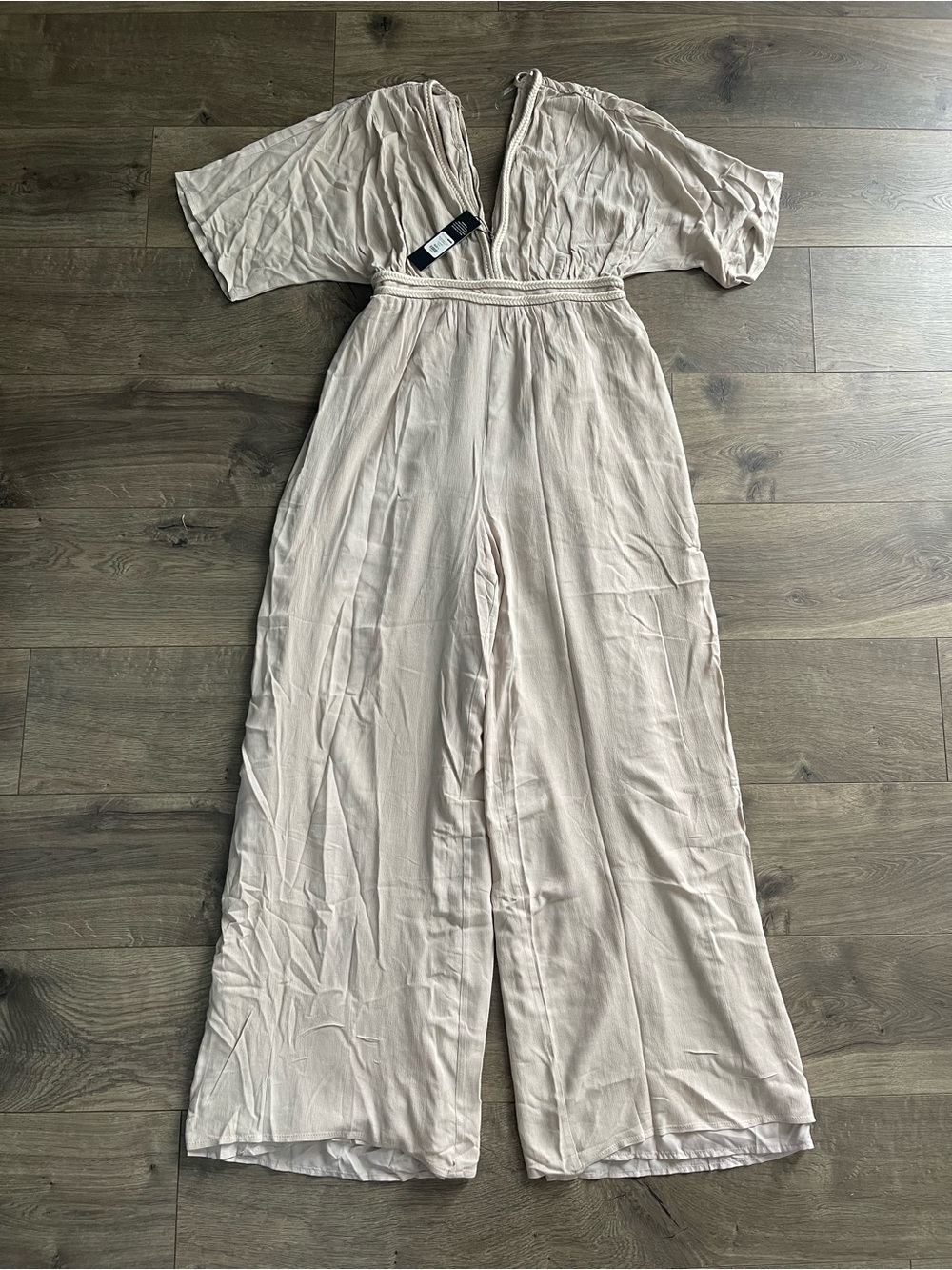 Fashion Nova Neutral Beige V-Neck Braided Strap Jumpsuit